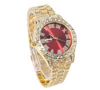 genkigold Gold Diamond Watch for Men - 40mm Roman Numerals Round Dial in Red - 18K Real Gold Plated 22cm Strap - Japanese Quartz - Luxury Jewelry