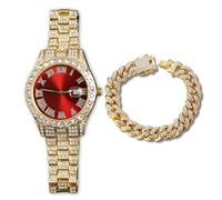 genkigold Gold Diamond Watch for Men - 40mm Roman Numerals Round Dial in Red - 18K Real Gold Plated 22cm Strap - Japanese Quartz - Luxury Jewelry - Paired with Cuban Chain 20cm