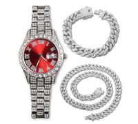 Genkigold Gold Diamond Watch for Men - 40mm Roman Numerals Round Dial in Red - Platinum Plated 22cm Strap - Japanese Quartz - Luxury Jewelry - Paired with Cuban Chains 20cm+45cm
