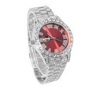 genkigold Gold Diamond Watch for Men - 40mm Roman Numerals Round Dial in Red - Platinum Plated 22cm Strap - Japanese Quartz - Luxury Jewelry