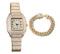 genkigold Gold Diamond Watch for Men - 40mm Roman Numerals Square Dial - 18K Real Gold Plated 22cm Strap - Japanese Quartz - Luxury Jewelry - Paired with Cuban Chain 20cm
