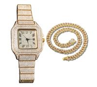genkigold Gold Diamond Watch for Men - 40mm Roman Numerals Square Dial - 18K Real Gold Plated 22cm Strap - Japanese Quartz - Luxury Jewelry - Paired with Cuban Chain 45cm