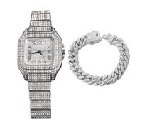 genkigold Gold Diamond Watch for Men - 40mm Roman Numerals Square Dial - Platinum Plated 22cm Strap - Japanese Quartz - Luxury Jewelry - Paired with Cuban Chain 20cm