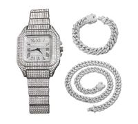 genkigold Gold Diamond Watch for Men - 40mm Roman Numerals Square Dial - Platinum Plated 22cm Strap - Japanese Quartz - Luxury Jewelry - Paired with Cuban Chains 20cm+45cm