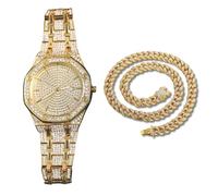 Genkigold Gold Diamond Watch for Men - 41mm Octagonal Dial - 18K Real Gold Plated 22cm Strap - Japanese Quartz - Luxury Jewelry - Paired with Cuban Chain 45cm