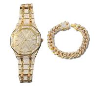 Genkigold Gold Diamond Watch for Men - 41mm Octagonal Dial - 18K Real Gold Plated 22cm Strap - Japanese Quartz - Luxury Jewelry - Paired with Cuban Chain 20cm