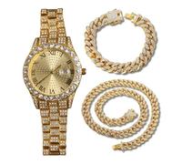 genkigold Gold Diamond Watch for Men - 43mm Roman Numerals Round Dial - 18K Real Gold Plated 22.5cm Strap - Japanese Quartz - Luxury Jewelry - Paired with Cuban Chains 20cm+45cm