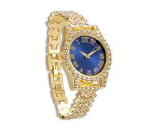 Genkigold Gold Diamond Watch for Teen Boys - 37mm Roman Numerals Round Dial in Blue - 18K Real Gold Plated 20cm Strap - Includes Giftbox
