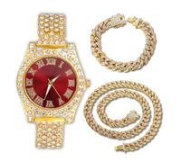 genkigold Gold Diamond Watch for Teen Boys - 37mm Roman Numerals Round Dial in Red - 18K Real Gold Plated 20cm Strap - Includes Giftbox, Paired with Cuban Chains 18cm+40cm