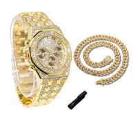 genkigold Gold Diamond Watch for Teen Boys - 38mm Roman Numerals Octagonal Dial - 18K Real Gold Plated 19.5cm Strap - Includes Adjuster Tool, Paired with Cuban Chain 40cm