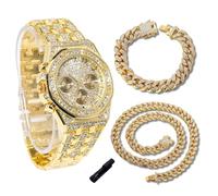 genkigold Gold Diamond Watch for Teen Boys - 38mm Roman Numerals Octagonal Dial - 18K Real Gold Plated 19.5cm Strap - Includes Adjuster Tool, Paired with Cuban Chains 18cm+40cm