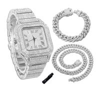 genkigold Gold Diamond Watch for Teen Boys - 40mm Roman Numerals Square Dial - Platinum Plated 18.5cm Strap - Includes Adjuster Tool, Paired with Cuban Chains 18cm+40cm