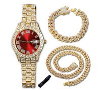 Genkigold Gold Diamond Watch for Teen Boys - 42mm Roman Numerals Round Dial in Red - 18K Real Gold Plated 20cm Strap - Includes Adjuster Tool, Paired with Cuban Chains 18cm+40cm