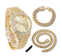 genkigold Gold Diamond Watch for Teen Boys - 43mm Roman Numerals Round Dial - 18K Real Gold Plated 20.5cm Strap - Includes Adjuster Tool, Paired with Cuban Chains 18cm+40cm