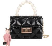 genkigold Mini Pearl Handle Kids Purse: Jelly Bag Toddler Handbag, with Crossbody Bag Chain, Classic Black, Christmas, Birthday Present for Girls' Parties