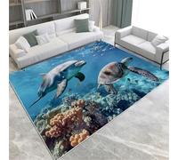 GENMIP Blue Area Rugs Ocean Dolphin And Turtle Machine Washable Non-Slip Soft Short Pile Area Rug For Living Room Bedroom Home Decor Carpet,