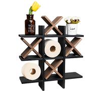GENMOUS Handmade Tic-tac-Toe Toilet Paper Holder Stand with 4pcs Wooden X, Funny Wall Mounted Toilet Papers Storage with Shelf, Farmhouse Toilet Paper Roll Storage for Guest Bathroom Décor
