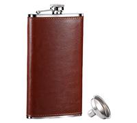 GENNISSY 10oz Whiskey Flask for Men - Stainless Steel Hip Flask with Brown Leather, Leakproof with Funnel & Never Lose Cap, Gift for Men(Groomsmen, Camping, Wedding)