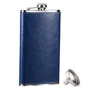 GENNISSY 10oz Whiskey Flask for Men - Stainless Steel Hip Flask with Navy Blue Leather, Leakproof with Funnel & Never Lose Cap, Gift for Men(Groomsmen, Camping, Wedding)