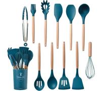12 Pcs Silicone Kitchen Utensils Set Non-Stick Cookware for Kitchen Wooden Handle Spatula Egg Beaters Kitchenware Accessories(Blue 12Pcs)