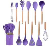 GENODA 12 Pcs Silicone Kitchen Utensils Set Non-Stick Cookware for Kitchen Wooden Handle Spatula Egg Beaters Kitchenware Accessories(Purple 12Pcs)