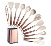 GENODA Silicone Cooking Utensils Set Kitchen Non-stick Tool Gold Plated Handle Gadgets BPA FREE Kitchenware Heat Resistant Spatula Set(Khaki)