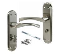 Genova Door Handles Satin Twist Lever Bathroom Lock on Modern Marina Backplate for Internal Wooden Doors