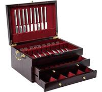 GENRICE Wooden Silverware Chest Three-Layer, Storage Box for Silver, Case With Handle and Felt Lined, Flatware Chest for 12, 16 or More Sets of Utensils