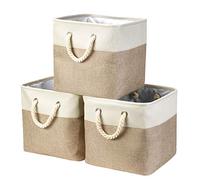 Genrics 3Pack Large Foldable Storage Boxes,Collapsible Sturdy Cationic Fabric Organizing Storage Basket Cube with Cotton Handles for Shelf Clothes Toys (White/Khaki 13"×13"×13" inch)