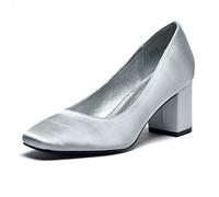 GENSHUO Block Heels Court Shoes for Women,Chunky High Heels Closed Square Toe Slip On Office Work Church Wedding Dress Shoes, Silver Satin, 3.5 UK