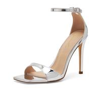 GENSHUO High Heeled Sandals for Women One Strap Heels with Square Open Toe 4 Inch Stiletto Ankle Strap Shoes Elegant Sexy Dress Wedding Party, Silver, 6.5 UK