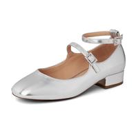 GENSHUO Mary Jane Shoes with Ankle Strap, Square Toe, Flat and Lightweight, Buck with Dainty Rhinestone Embellishment, Silver, 5 UK