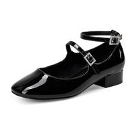 GENSHUO Mary Jane Shoes with Ankle Strap, Square Toe, Flat and Lightweight, Buck with Dainty Rhinestone Embellishment, Black, 6.5 UK