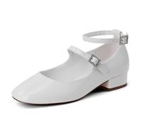 GENSHUO Mary Jane Shoes with Ankle Strap, Square Toe, Flat and Lightweight, Buck with Dainty Rhinestone Embellishment, White, 6.5 UK