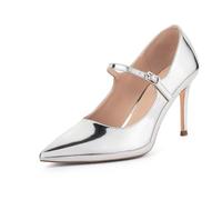 GENSHUO Women Mary Jane Pumps High Heels Pointed Closed Toe Stiletto with Strap Comfortable Vintage 3.2 Inch Office Wedding Dance Party Dress Shoes, Silver, 8.5 UK