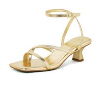 GENSHUO Women's Kitten Heel Sandals, Strappy Open Toe, Comfy Ankle Strap, Chic Summer Shoes, Gold, 5.5 UK