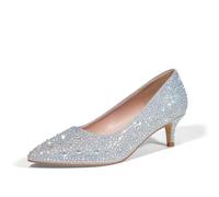 GENSHUO Womens Kitten Heels,Classic 2 Inch Low Heel Pumps Slip On Closed Pointed Toe Pumps Office Work Dress Heeled Pump Shoes, Rhinestone silver, 4 UK