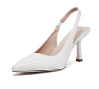 GENSHUO Women's Kitten Slingback Heels 3 inch Pointed Closed Toe Stiletto Pumps Slip on Elastic Strap Backless Wedding Party Dress Sandals Shoes, White Patent, 7.5 UK