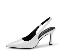 GENSHUO Womens Slingback Pointed Toe Stiletto Pumps Closed Toe Kitten Heels Slip on Elastic Strap Heel Sandals Wedding Party Homecoming Dress Shoes, White Patent, 7.5 UK