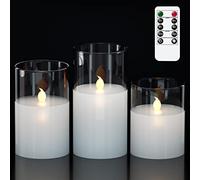 GenSwin Clear Glass Battery Operated Flameless Led Candles with 10-Key Remote and Timer, Real Wax Candles Warm White Flickering Light for Home Decoration(Set of 3)