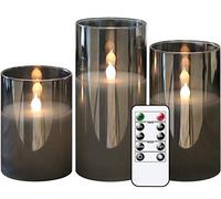 GenSwin Gray Glass Battery Operated Flameless Led Candles with 10-Key Remote and Timer, Real Wax Candles Warm White Flickering Light for Home Decoration(Set of 3)