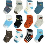 GENTABY 12 Pairs Boys Crew Socks Kids Toddlers Socks Organic Cotton Design of Cartoon and Striped Patterns Cosy Breathable Multiple Colors for 3-5 Years