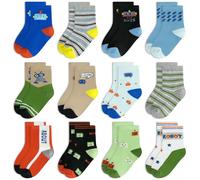 GENTABY 12 Pairs Boys Crew Socks Kids Toddlers Socks Organic Cotton Design of Cartoon and Striped Patterns Cosy Breathable Multiple Colors for 3-5 Years