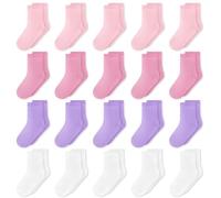 GENTABY Toddler Girls Socks 20 Pairs Multipack Running Causal Kids Baby Hiking Home White Pink Rose Size 10-12 Elastic Mid Cut Socks 4-7 Years