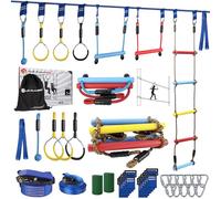 Gentle Booms Sports Ninja Warrior Obstacle Course for Kids, 2×56ft Ninja Line Kit with 8 Slackline Accessories - Monkey Bar, Rope Ladder, Gymnastic Ring, Arm Trainer and Monkey Fist