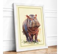 Gentle Hippopotamus Boho Framed Wall Art Print A4 (29.7×21cm) White, Wall Decor for Living Room, Bedroom, Office & Home, Ready to Hang, Art Gift