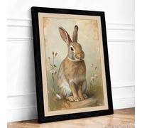Gentle Rabbit Among Grasses Rustic Framed Wall Art Print A4 Black