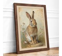 Gentle Rabbit Among Grasses Rustic Framed Wall Art Print A4 Walnut