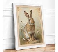 Gentle Rabbit Among Grasses Rustic Framed Wall Art Print A4 White