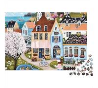 Gentle Town 1000 Piece Recycled Cardboard Town Street with Spring Blooms Puzzle, 12+, Brain Training, Personalised Gift, Wall Decor & Holiday Activity 52x38cm/1000pcs